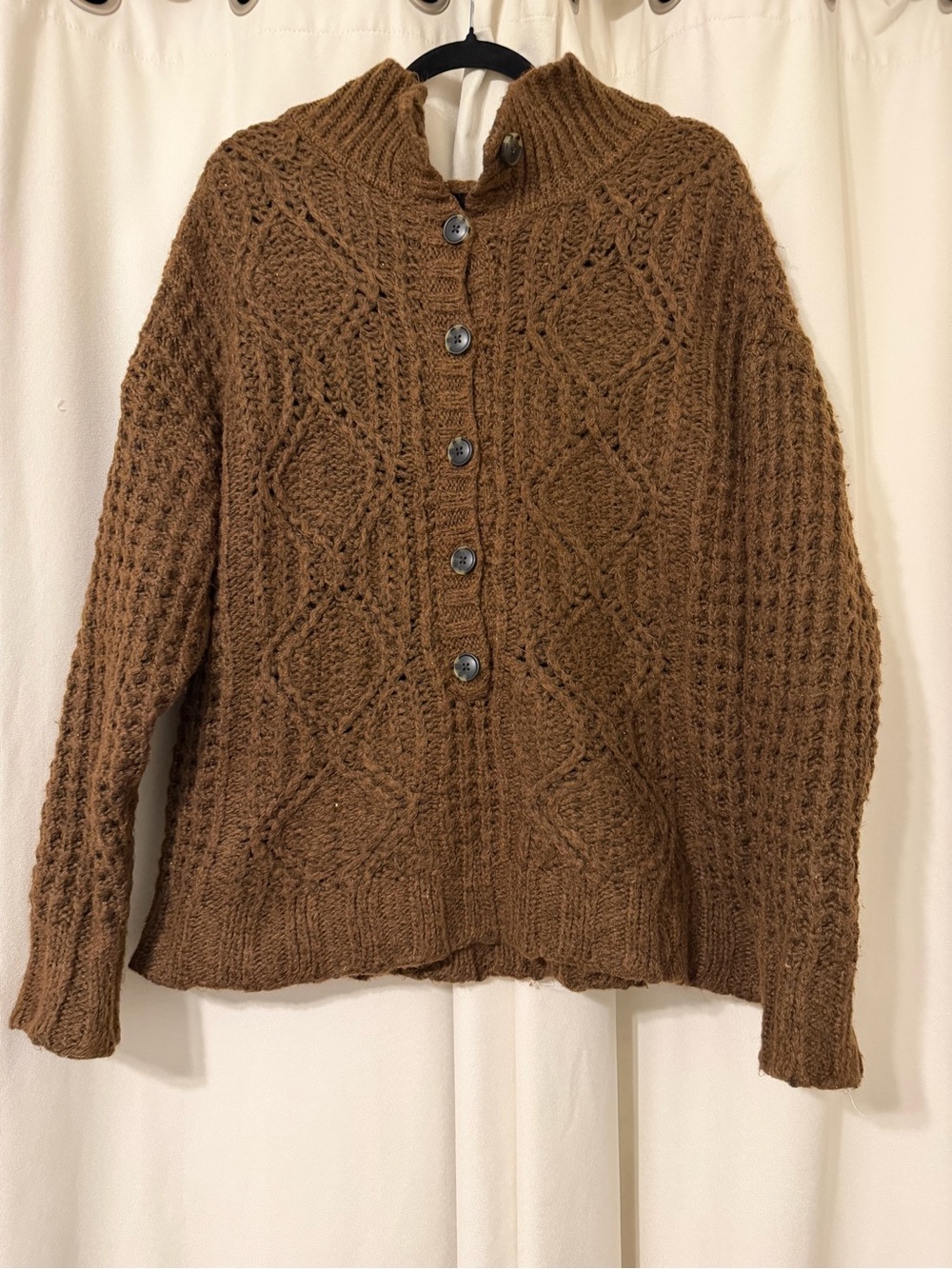 American Eagle Half-Button Oversized Cable-Knit Pullover Sweater in Brown Size M